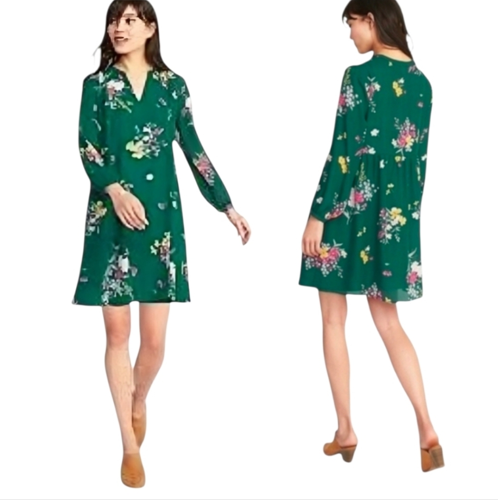 Old Navy Hunter Green Floral Print Long Sleeve Georgette Mini Dress w Slip small